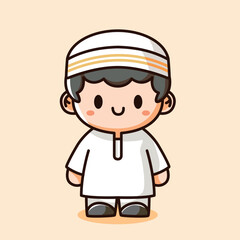 Vector cute illustration of a muslim boy wearing a cap and islamic dress