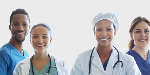 Title: Diverse Team of Smiling Healthcare Professionals Ready to Serve..Background color: White gradient..Banner Resolution: High-resolution image suitable for a banner.