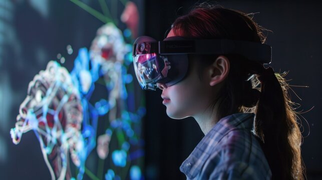 Woman Exploring DNA Helix Through AR Glasses. A woman is engaged in an advanced augmented reality experience, exploring a floating 3D model of a DNA helix through her high-tech AR glasses.