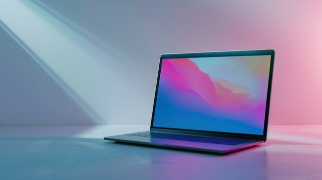 Modern Laptop with Colorful Backlit Display. A sleek, modern laptop opened on a desk with a vibrant backlit screen casting a pink and blue glow in a minimalist setting.