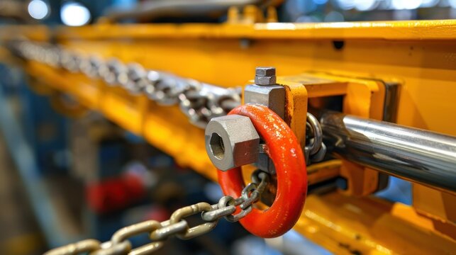 Close-Up of Industrial Chain Hoist Mechanism. Detailed view of a red and silver industrial chain hoist mechanism with a focus on the hook and connecting elements.