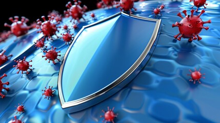 A firewall depicted as a blue shield repelling red virus icons symbolizing strong internet security measures