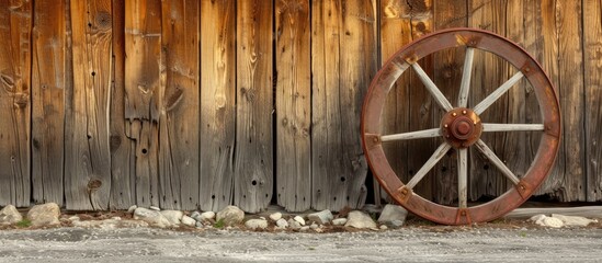 Obraz premium An old wagon wheel is leaning against a weathered wooden fence, creating a rustic and charming scene. The aged wood and metal of the wheel stand out against the natural backdrop.