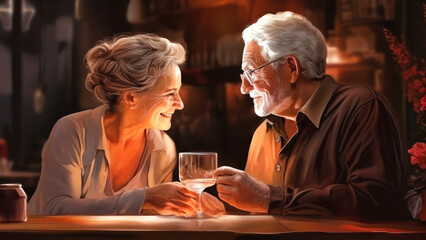 Elderly happy loving Asian couple with cocktail glasses celebrating Valentine's Day at the bar. Old people in love drink in a bar.