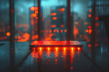 Title: Futuristic Smartphone Aglow with Neon Lights in a Cyber Cityscape..Background Color: A rich blend of dark blues and vibrant reds..Banner