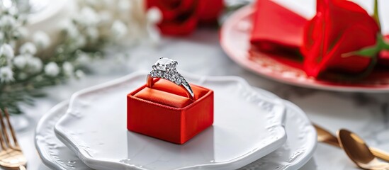 Romantic engagement ring on blurred background