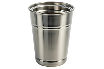 Stainless Steel Cup. the cup reflects the light, creating a shiny surface. The simple design of the cup stands out against the clean backdrop. On PNG Transparent Clear Background.