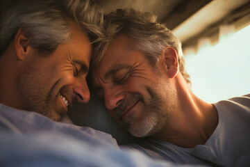 Obraz premium A couple of men, who are in love, lying side by side in bed