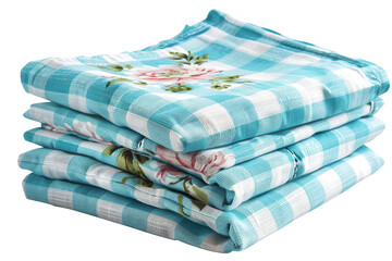 Stack of Blue and White Checkered Towels. A neat stack of blue and white checkered towels is displayed on a flat surface. On PNG Transparent Clear Background.