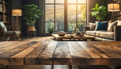 Wood table with blurred modern apartment interior background, Empty wooden tabletop with blurred living room background, wood, wooden,residential, Ai Generate	