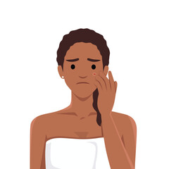 Young sad upset black woman character looking at mirror popping squeezing pimple at home. Flat vector illustration