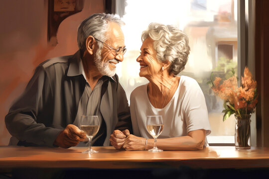 Painting of Elderly Couple at Table, Intimate Conversation in a Bar or Restaurant