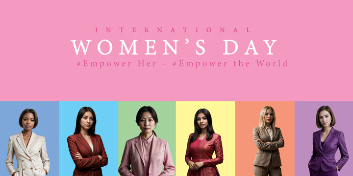 International women&rsquo;s day concept poster. women's day campaign Empower Her, Empower the World. Female of different ethnicity poster.