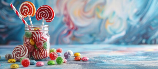 A clear glass jar filled to the brim with assorted colorful candies sits atop a wooden table. In the background, large swirled lollipops add to the sugary display.