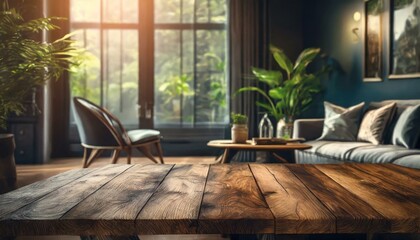 modern living room, Wood table with blurred modern apartment interior background, Empty wooden tabletop with blurred living room background, wood, wooden,residential, Ai Generate	