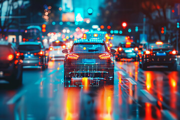  Futuristic Visualization of Autonomous Vehicle in Vibrant Evening Traffic - obrazy, fototapety, plakaty