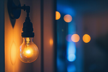 Title: Glowing Light Bulb in A Calm, Cozy Evening Ambiance Banner - obrazy, fototapety, plakaty