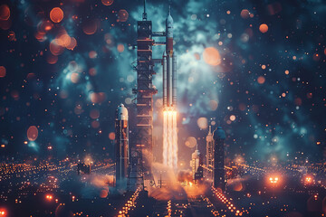 Title: Epic Spacecraft Ignition in Dazzling Bokeh Light Banner..Background Color: Dark Blue with Orange and White Bokeh Lights..Banner.