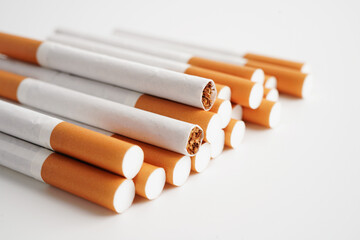 Cigarette, roll tobacco in paper with filter tube, No smoking concept.