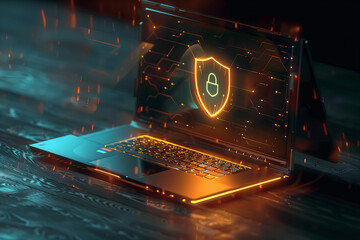 Title: Futuristic Cybersecurity Concept with Glowing Neon Laptop Shield..Background Color: Dark Teal and Black Gradient..Banner: Advanced Digital Protection - Safeguard Your Virtual Realm