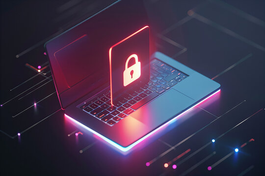 Title: Cybersecurity in the Digital World: An Artistic Laptop Lock Visualization Banner..The background color of this image is dark, predominantly black, with neon blue and pink accents.
