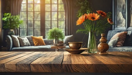 Wood table with blurred modern apartment interior background, Empty wooden tabletop with blurred living room background, wood, wooden,residential, Ai Generate	