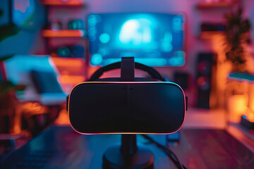 Title: Immersive Virtual Reality Gaming Setup at Home with Vibrant Neon Glow