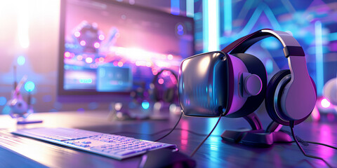 Title: Immersive Virtual Reality Gaming Setup with Ambient Glowing Neon Lights Banner..Background color: The background features a blend of vibrant purples and blues with neon lighting effects.