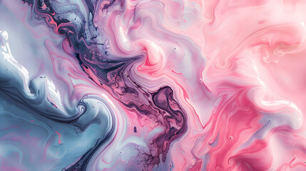 Closeup of a swirling liquid painting in vibrant shades of pink and blue