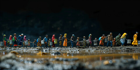 Title: Miniature Figures Embark on a Journey Across a Muddy Terrain - Artistic Banner