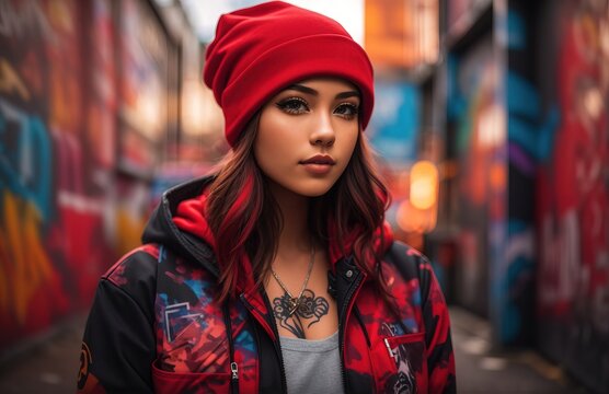 A fashionable young woman in a red beanie and jacket stands confidently