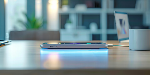 Title: Wireless Charging Smartphone on Table with Gleaming Light Reflection..Background color: The background is predominantly a blur of cool blues and soft light...Banner.