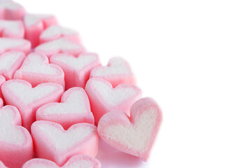 close up of sweet heart shape of marshmallow on white background.