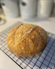Fresh sourdough bread on cooling rack