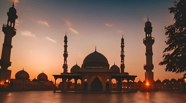 Serene timelapse footage capturing the tranquil ambiance of a mosque in the morning, under a clear sky