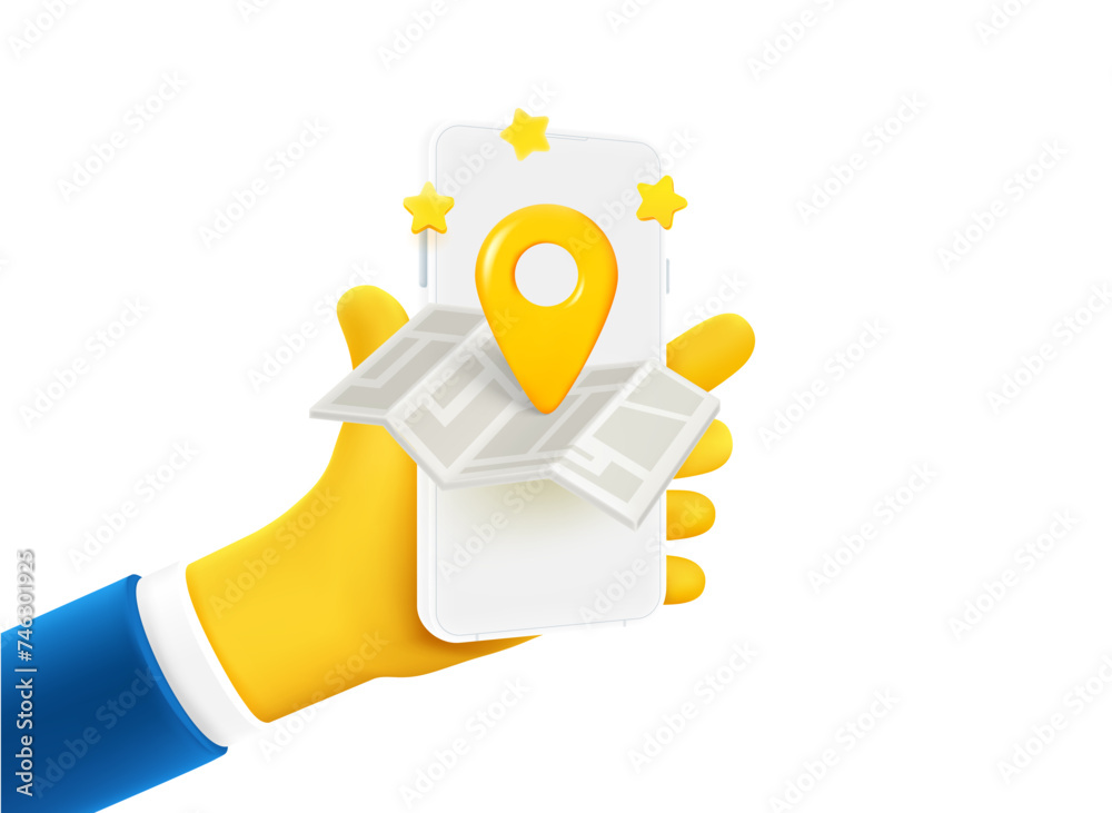 Poster businessman holding smartphone with map app on the screen. 3d vector illustration