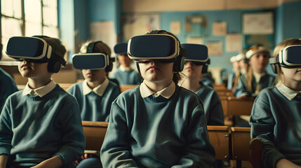 Schoolchildren, students in a classroom wearing virtual reality glasses. The concept of education with new technologies