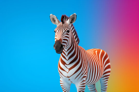 A zebra, a portrait of a cartoon animal, standing in front of a colorful background.