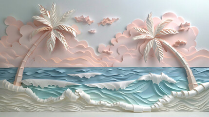 Fototapeta na wymiar Paper art Beach scene with coconut trees and waves.