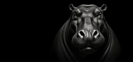 A closeup portrait shot of a hippo, a black and white photo.