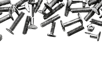 Assorted Screws and Nuts. A collection of various screws and nuts is scattered on a clean white surface. The metal hardware items are in different sizes and shapes On PNG Transparent Clear Background. - Powered by Adobe