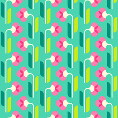 Retro geometric flower and leaf seamless pattern background.