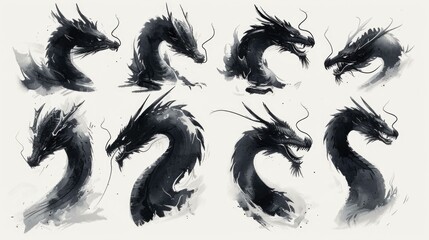 A set of black and white dragon heads. Generative AI.