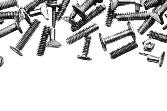 Assorted Screws and Nuts. A collection of various screws and nuts is scattered on a clean white surface. The metal hardware items are in different sizes and shapes On PNG Transparent Clear Background.