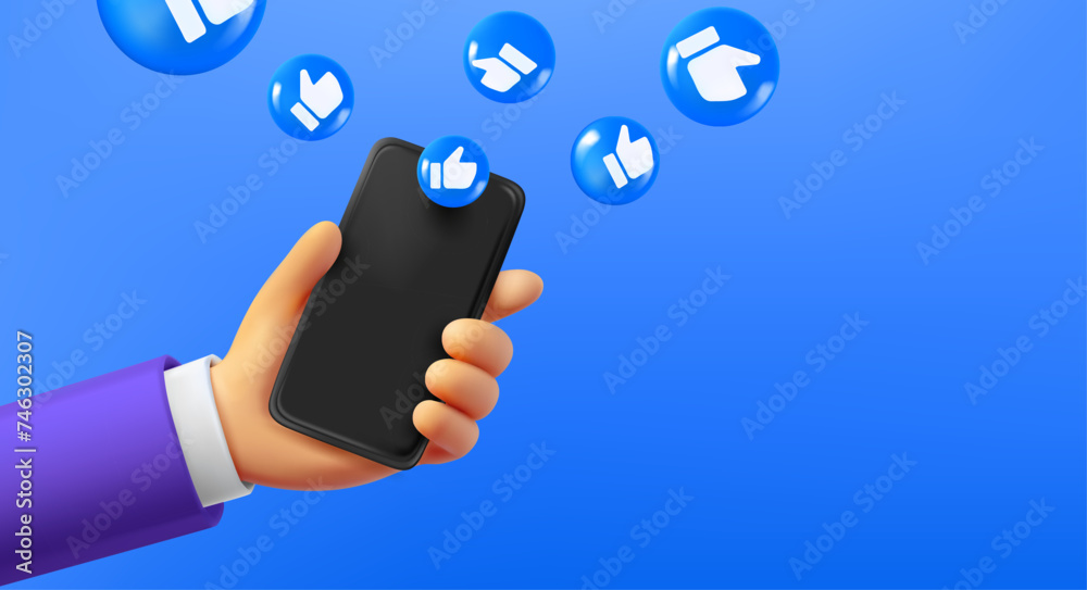 Poster Man using social media mobile application on smartphone. Comic 3d vector banner with copy space
