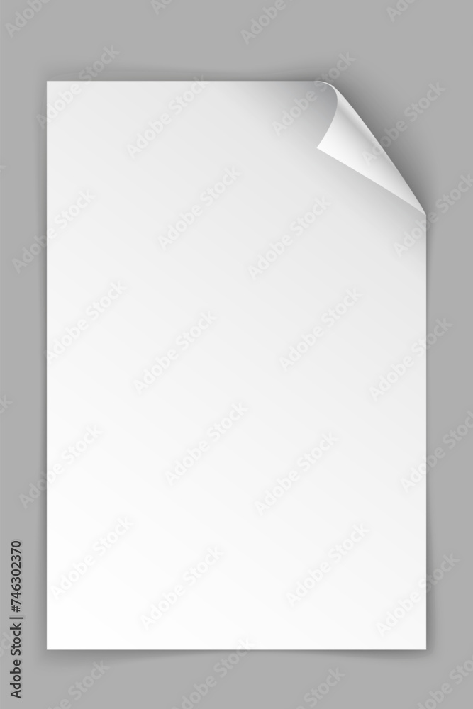 Poster white paper vertical sheet with bending top right corner isolated on grey background. vector illustr