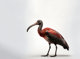 A portrait of a big, red and black bird with a rounded, big beak standing on a white surface.