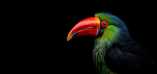A colorful toucan with a long, thick, shiny black beak on a black background.