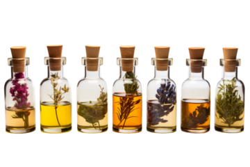 A row of glass bottles, each filled with a unique type of fresh flower. The bottles are arranged neatly on a wooden shelf. On PNG Transparent Clear Background.