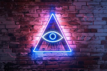 All seeing eye, illuminats, masons, symbol on neon background